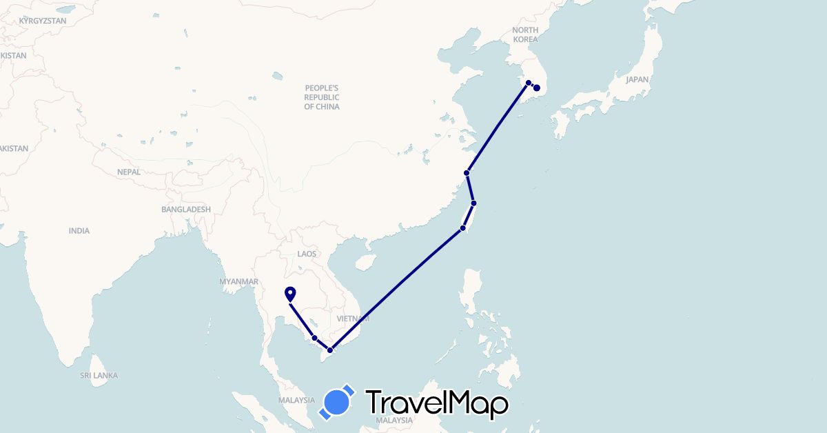 TravelMap itinerary: driving in China, Cambodia, South Korea, Thailand, Taiwan, Vietnam (Asia)